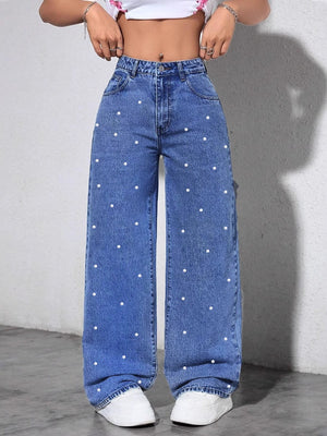 Women's Autumn/Winter Pearl-Embellished Wide-Leg Jeans
