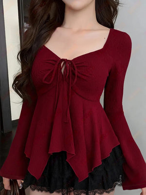 Bow Tie Long-sleeved T-shirt With Irregular Hem