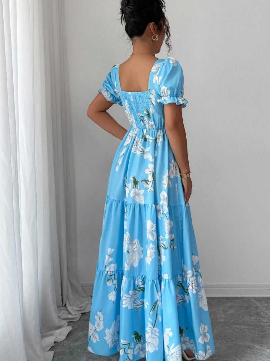 Square Neck Women's Clothing Flowers Maxi Dresses