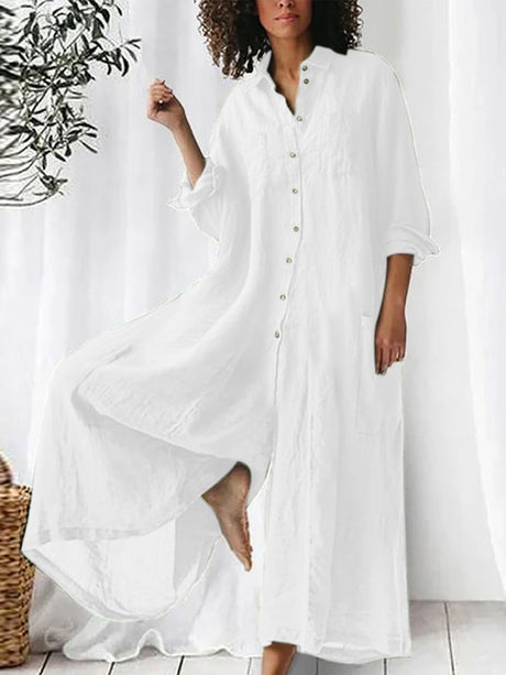 Long-sleeved Mid-length Cotton Linen Shirt Jumpsuit