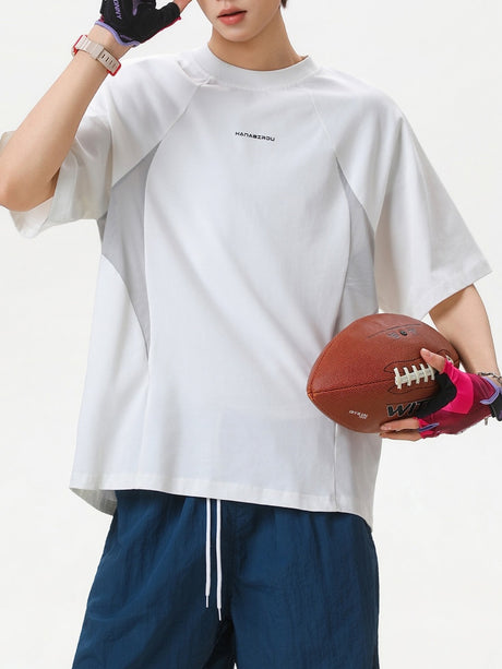 Color-blocked Mesh Patchwork Letter Print T-shirts