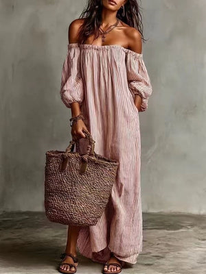 Striped Off-the-shoulder Long Dress