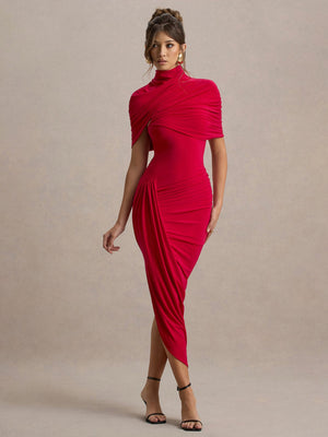 Pleated Mock Neck Shawl Exposed Backpack Buttocks Maxi Dresses