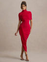 Pleated Mock Neck Shawl Exposed Backpack Buttocks Maxi Dresses