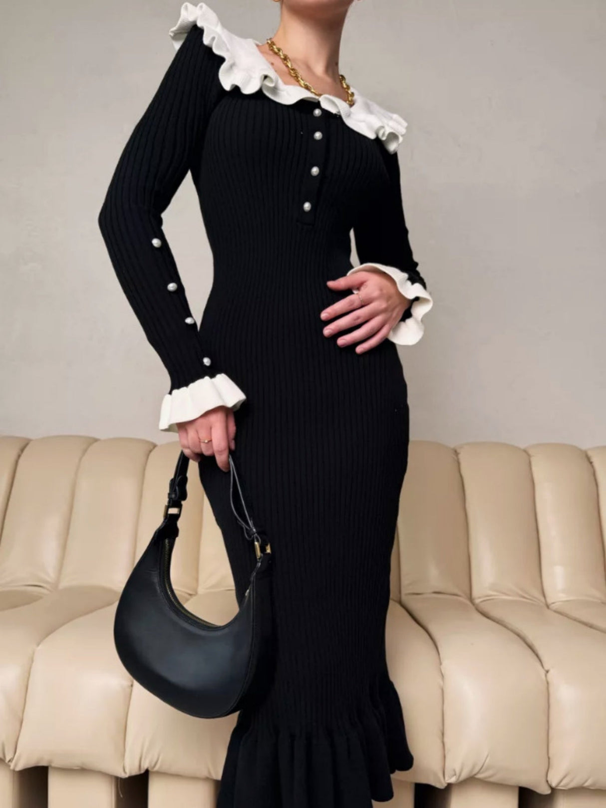 Robes maxi à boutons de revers côtelés et color-block