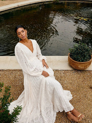 V-neck Textured Fabric Grace White Loose Cocktail Party Lawn Party Maxi Dresses