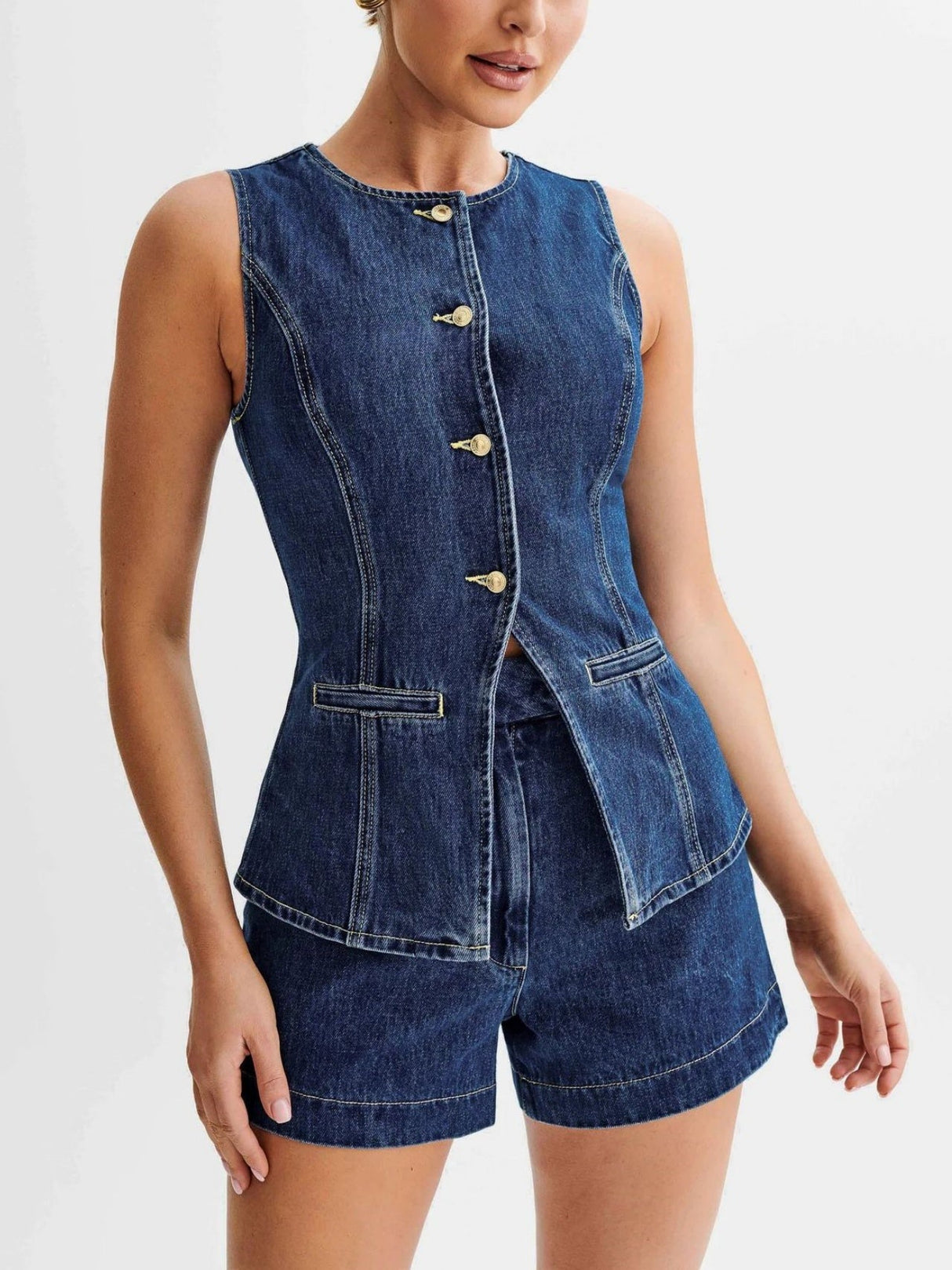 Sleeveless High-waisted Buttons Denim Vest And Shorts 2-piece Sets