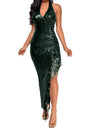 Sequins Halter Neck And Backless Slit Tassel Slim Fit Hip Body Midi Dresses