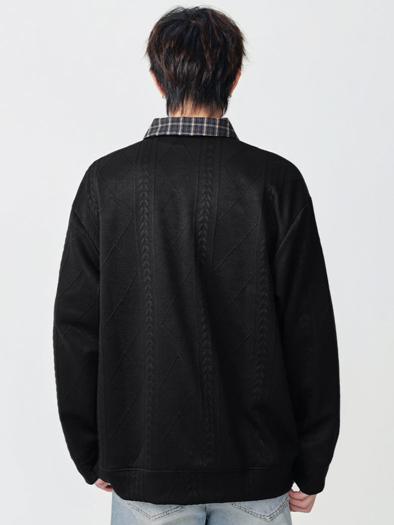 Knitted Jacquard Contrasting Colors Plaid Lapel Polo Shirt