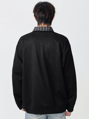 Knitted Jacquard Contrasting Colors Plaid Lapel Polo Shirt