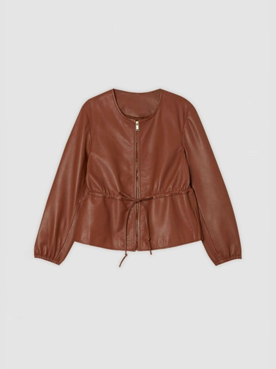 Liber Autumn women's pu leather lace-up pleated zipper jacket