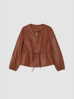 Liber Autumn women's pu leather lace-up pleated zipper jacket