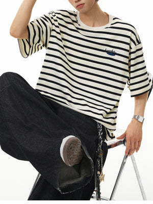 Color-blocked Stripes Letter Applique T-shirts