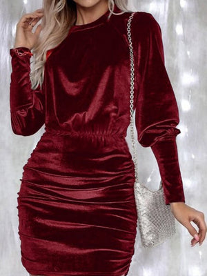 Bodycon Style With Pleats Draped Collar Leg Of Mutton Sleeves Sexy Velvet Long Sleeve Cocktail Party Short Dress