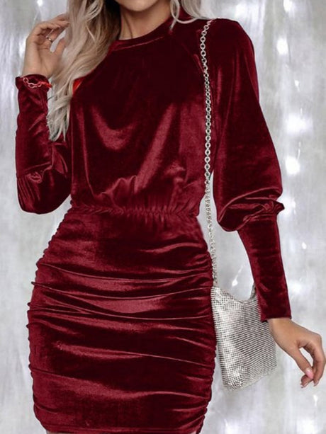 Bodycon Style With Pleats Draped Collar Leg Of Mutton Sleeves Sexy Velvet Long Sleeve Cocktail Party Short Dress
