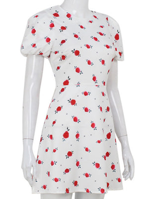 Floral Waist Shaping Puff Short Sleeves Sweet Mini&Short Dresses
