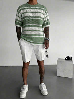 Hollow Out Color-blocked Retro Stripes Knitting T-shirts