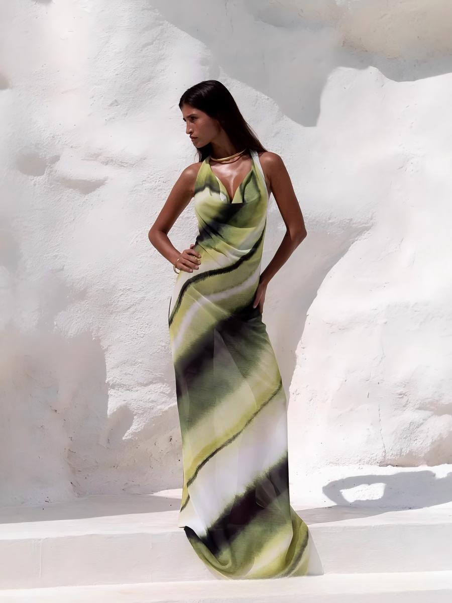 Gradient Print V-neck Slim-fit Bodycon Backless Long Dress