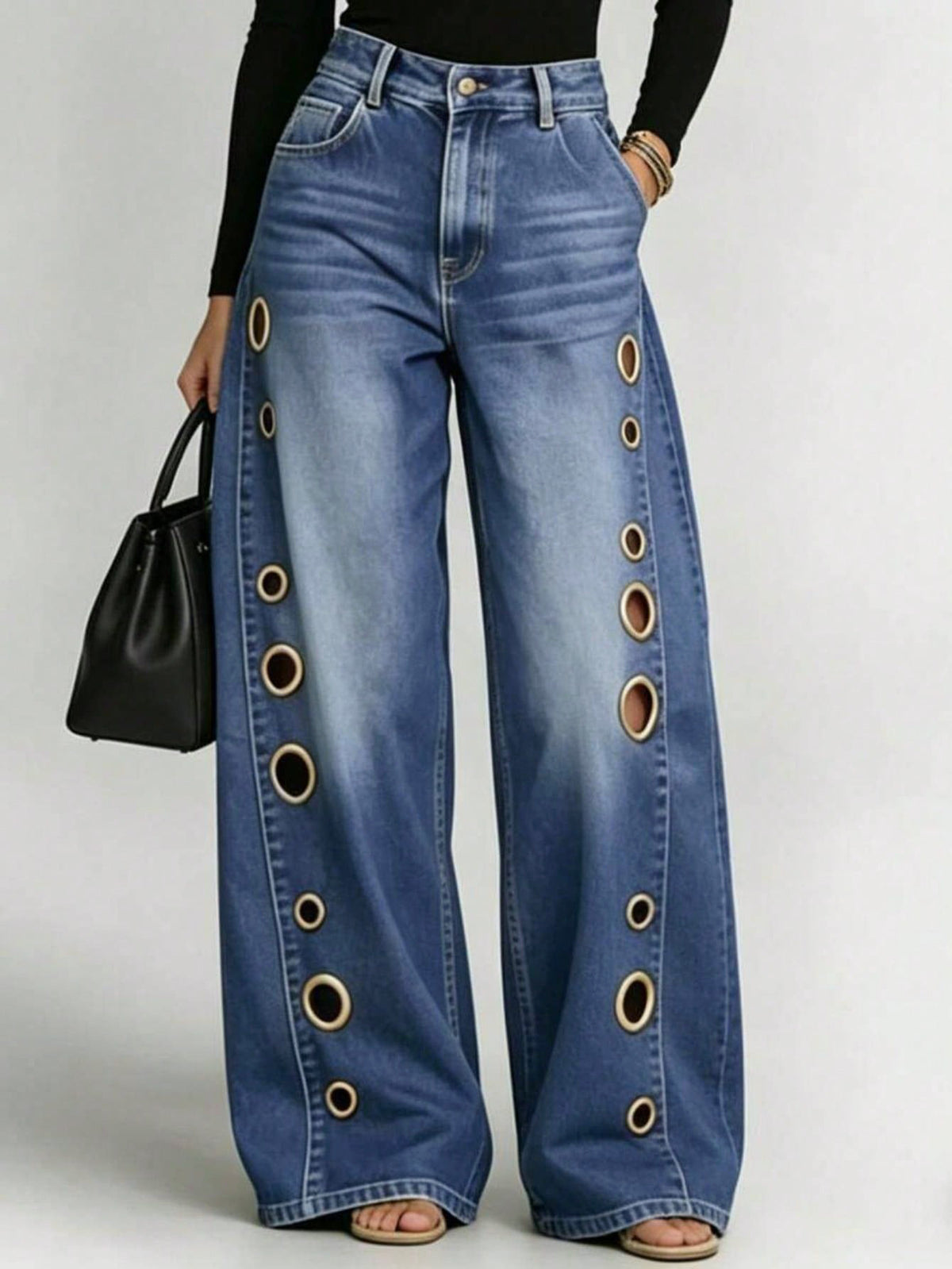 High-waisted, Loose-fitting Jeans With Metal Perforations