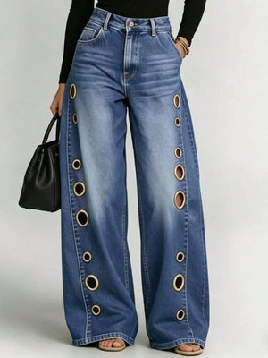 High-waisted, Loose-fitting Jeans With Metal Perforations