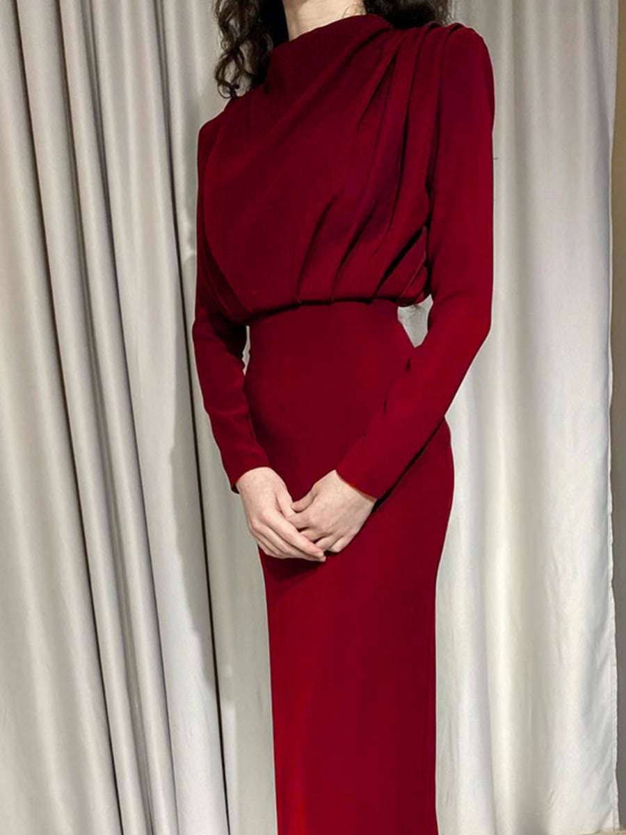 High Neck Style Gathering Long Sleeve Hip-hugging Dinner Cocktail Maxi Dress