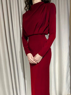 High Neck Style Gathering Long Sleeve Hip-hugging Dinner Cocktail Maxi Dress