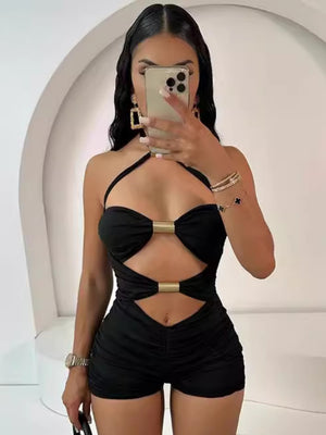 Hollow Out Metal Pipe Splicing Color-blocked Bow Neckband Jumpsuits