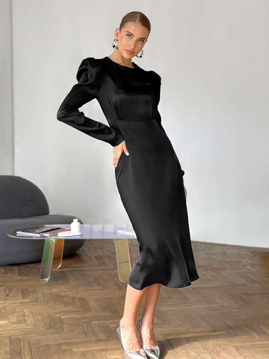 Crew Neck Long sleeve zipper Leg-of-mutton sleeve midi dress