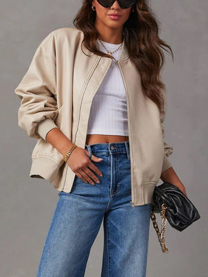 PU Leather Crew Neck Zip-up Baseball Jacket, Autumn/winter Long-sleeved Jacket, Leather Coat