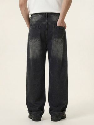 Black Cat Whiskers Sticker Bag Rhinestone-studded Distressed Wide-leg Jeans