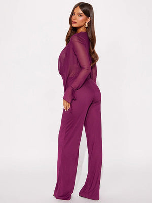 Mesh Halter Neck Tie Long-sleeved Top And Slim-fit Trousers Two-piece Set