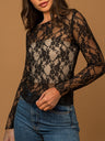 Lace See-through Sexy Mesh Off-the-shoulder Neckline Long-sleeved Top