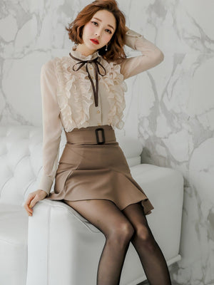 Elegant Two-piece Set: Stand-up Collar Sheer Blouse And Ruffled Skirt.