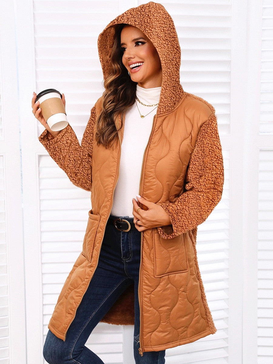 Long Cardigan Pockets Splicing Cotton Clothes Hooded Jacket