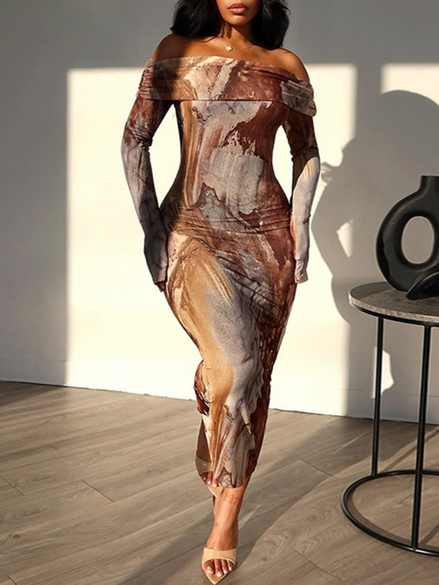 Milk Silk Tie-dye Printed Off Shoulder Slim Fit Hip Maxi Dresses