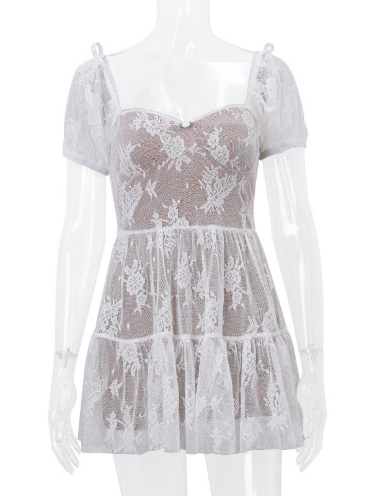 Floral Mesh Square Neck, Fitted Waist, Puff Sleeves Sweet Mini&Short Dresses