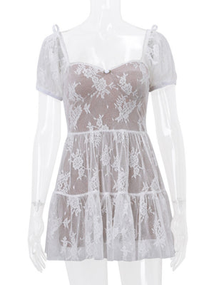 Floral Mesh Square Neck, Fitted Waist, Puff Sleeves Sweet Mini&Short Dresses