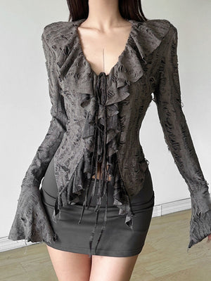 Ruffle Ribbon Bow Ripped Long Sleeves T-shirts