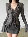 Ruffle Ribbon Bow Ripped Long Sleeves T-shirts