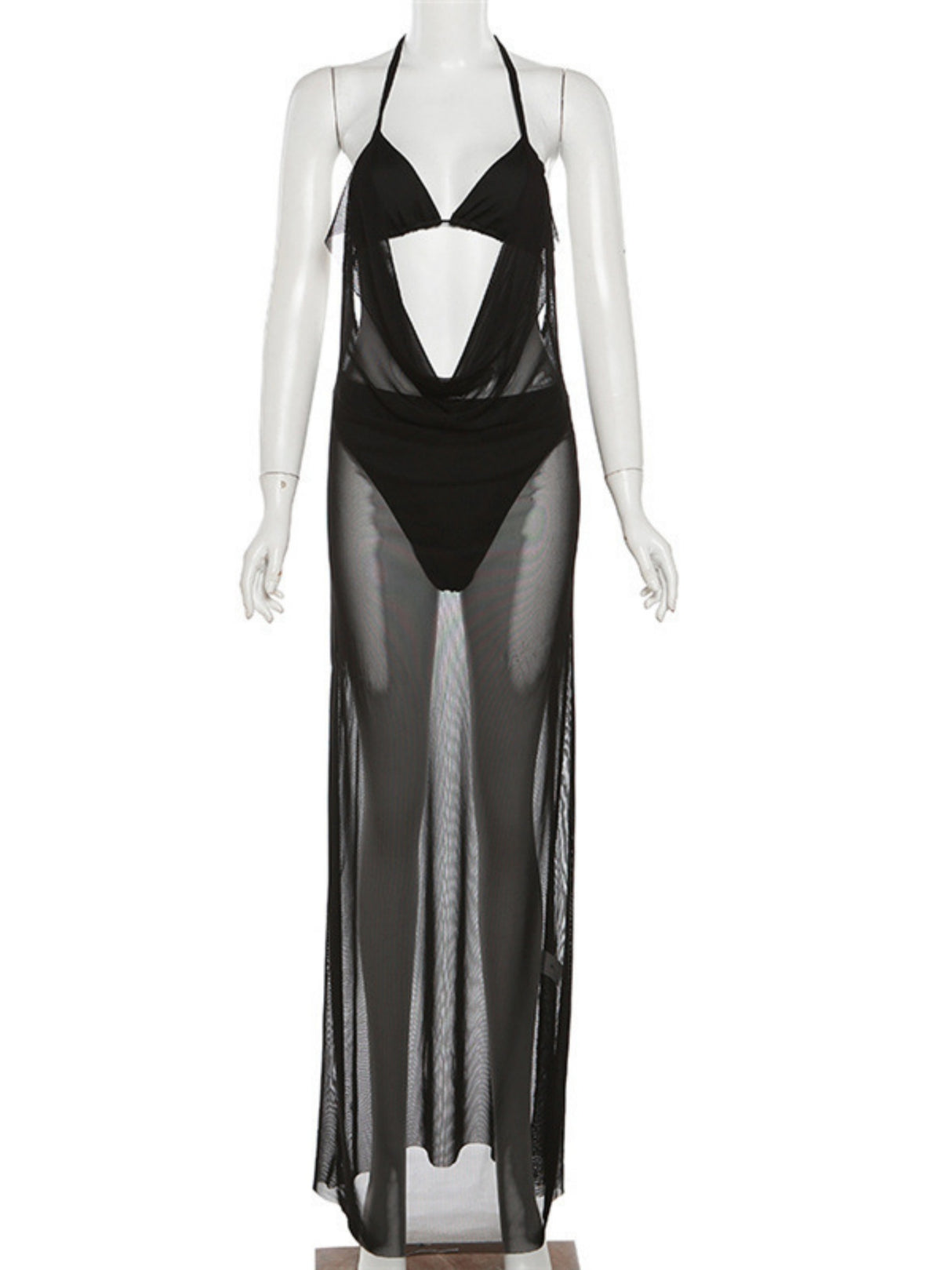 Hollow Out Mesh Splicing Perspective Halter Neck And Backless Maxi Dresses