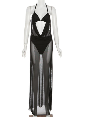 Hollow Out Mesh Splicing Perspective Halter Neck And Backless Maxi Dresses