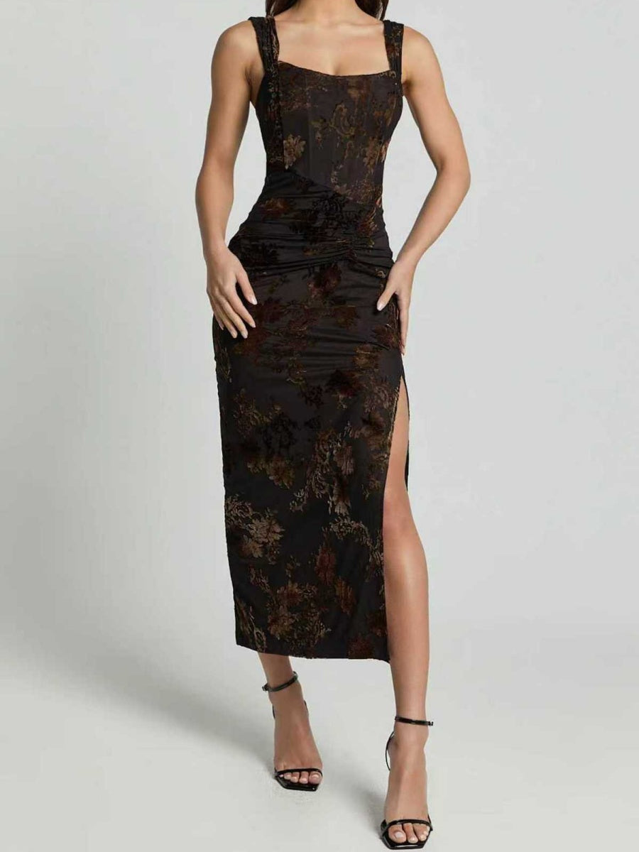 Square Neck Velvet Embossing Slim Fit Slit Parties Long Dress For A Cocktail Party
