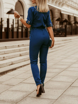 Short-sleeved, High-waisted, Belted Jumpsuit For Professional Commuting