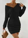 Long-sleeved Brushed Ribbed V-neck Waist Hip-hugging Leisure Short Dress For Work
