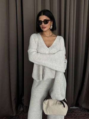 Leisure Solid Color Long Sleeve Buttons Sweaters Cardigans Pants Two-piece Suit