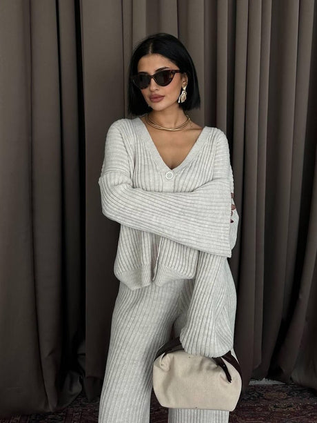 Leisure Solid Color Long Sleeve Buttons Sweaters Cardigans Pants Two-piece Suit