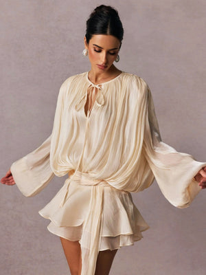 V-neck Straps Crimp Ribbon Wood Ear Solid Color Mini&Short Dresses