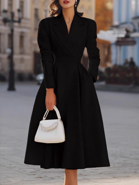 Lapel V-neck Waist Commuting Midi Dresses