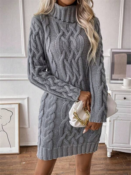 Twisted Thread Turtleneck Knitted Sweaters Midi Dresses