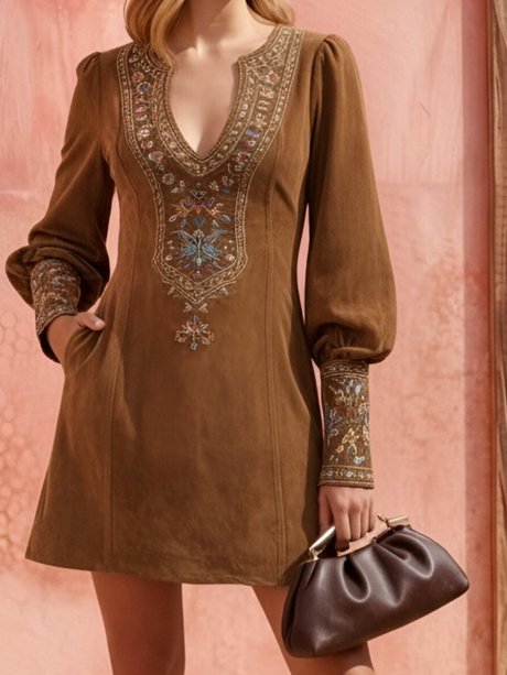 V-neck Plants And Flowers Embroidered Pattern Hip Mini&Short Dresses